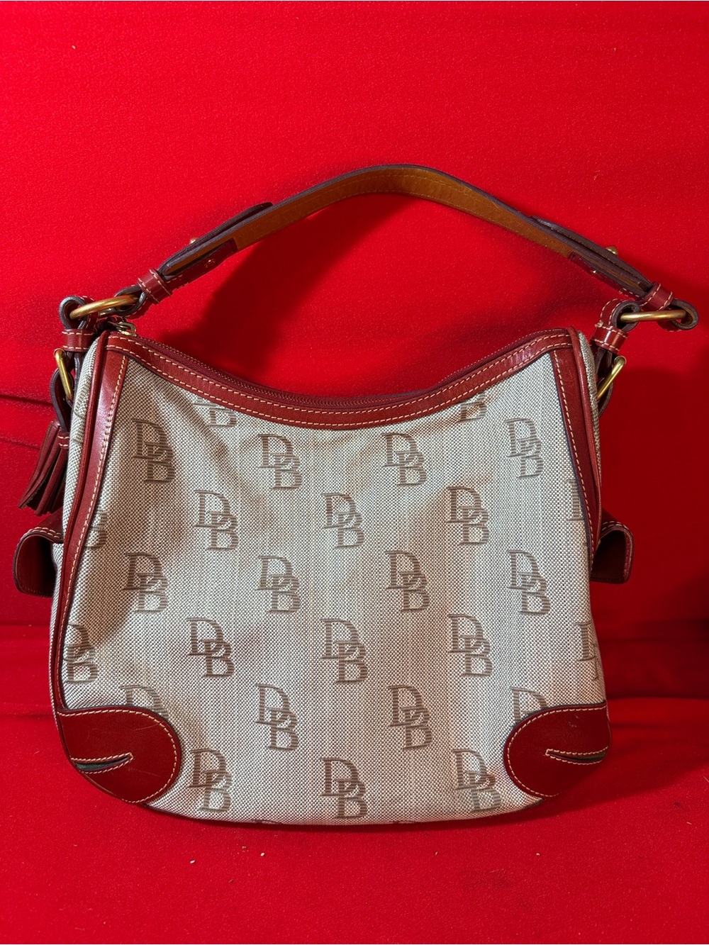 Dooney & Bourke Cream Monogram Shoulder Bag with Brown Trim
